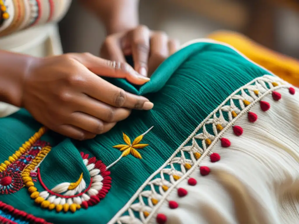 Detallada imagen de un artesano indígena bordando patrones vibrantes en un taller moderno