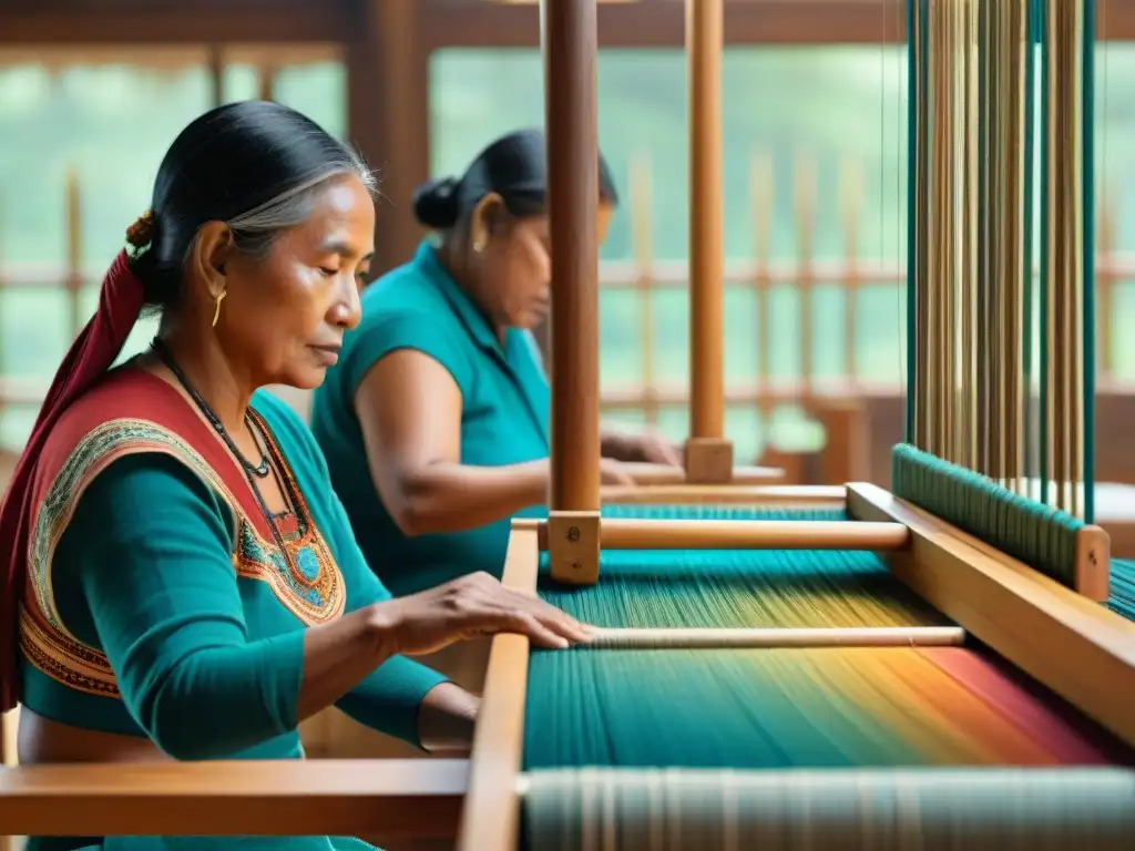 Detallada imagen de artistas textiles indígenas tejiendo patrones tradicionales en telares de madera