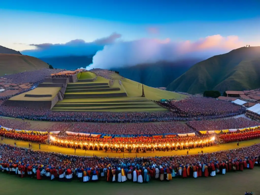 Detallada imagen de la Festividad Inti Raymi en Cusco, Perú, resaltando los colores vibrantes y la majestuosidad de las ruinas incas de Sacsayhuamán