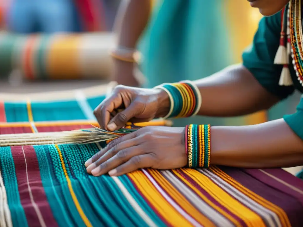 Detallada imagen de manos tejiendo textiles indígenas, reflejando la rica diversidad de la literatura indígena en las Américas