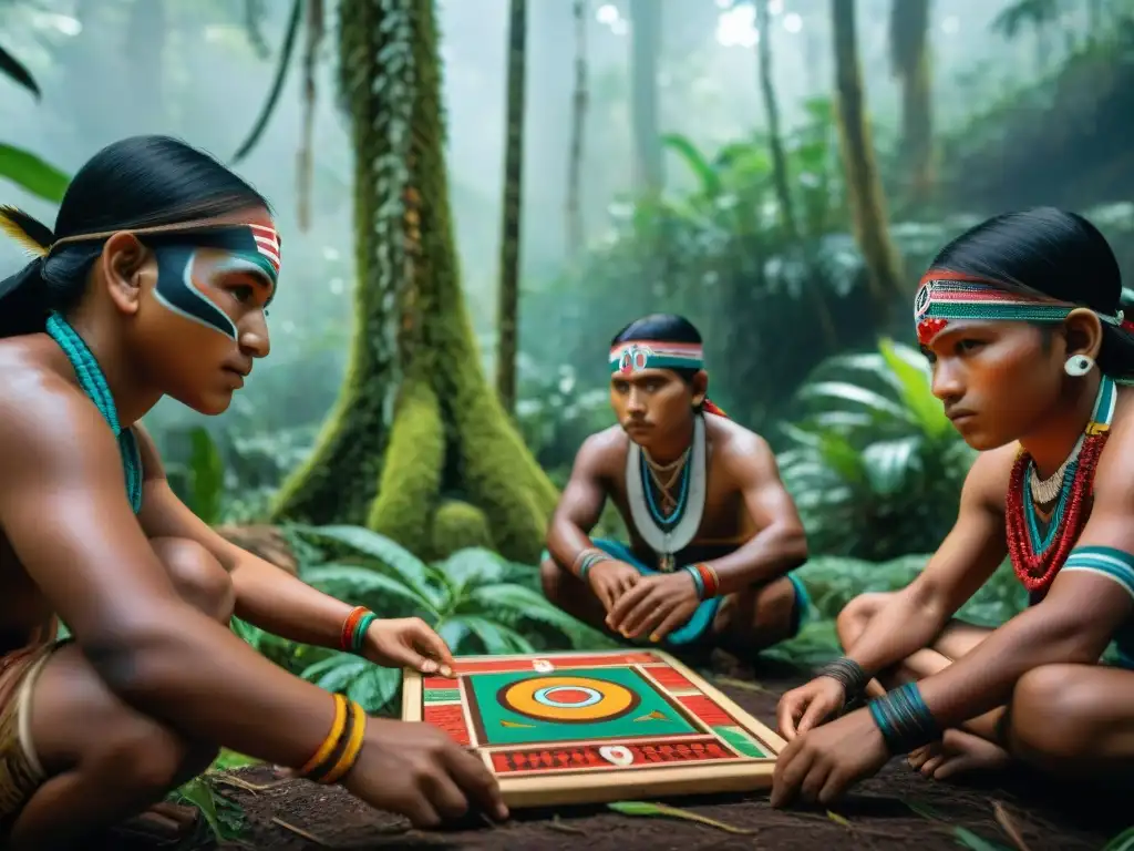 Detallada imagen de niños indígenas jugando un juego tradicional en la selva