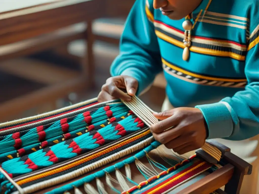 Detallada imagen del tejido de un cinturón navajo, resaltando la técnica del tejedor y el significado cultural de los diseños y patrones tradicionales