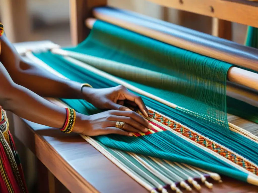 Arte textil indígena: tradición y resistencia en detalle Detallada imagen de tejido indígena: colores vibrantes, patrones intrincados y manos expertas