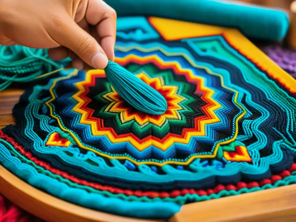 Detallada pintura Huichol de hilos vibrantes y patrones geométricos, reflejando la maestría del Arte Indígena Américas Culturas