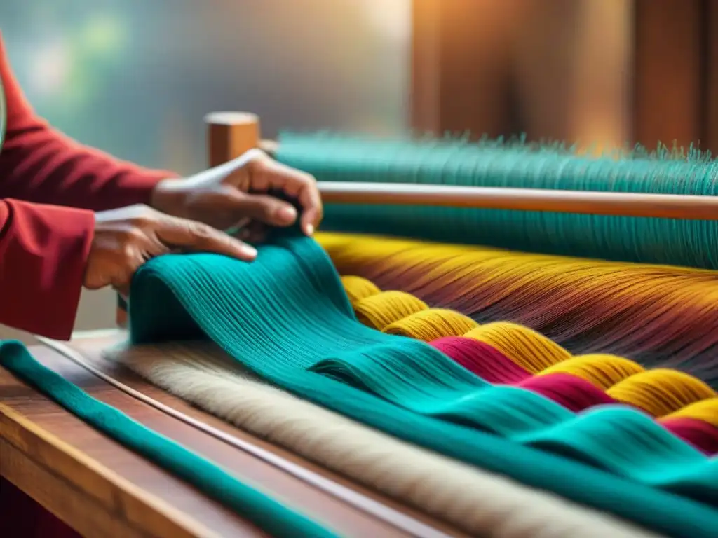 Detallada tejeduría indígena en América resalta simbolismo en textiles con vibrantes colores y tradicional telar de madera