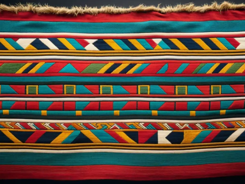 Detallado arte textil precolombino tradición histórica en vibrante paleta de colores y complejos patrones geométricos