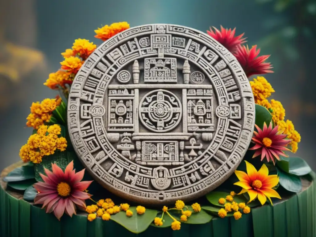 Detallado calendario maya con símbolos sagrados, rodeado de ofrendas florales y copal