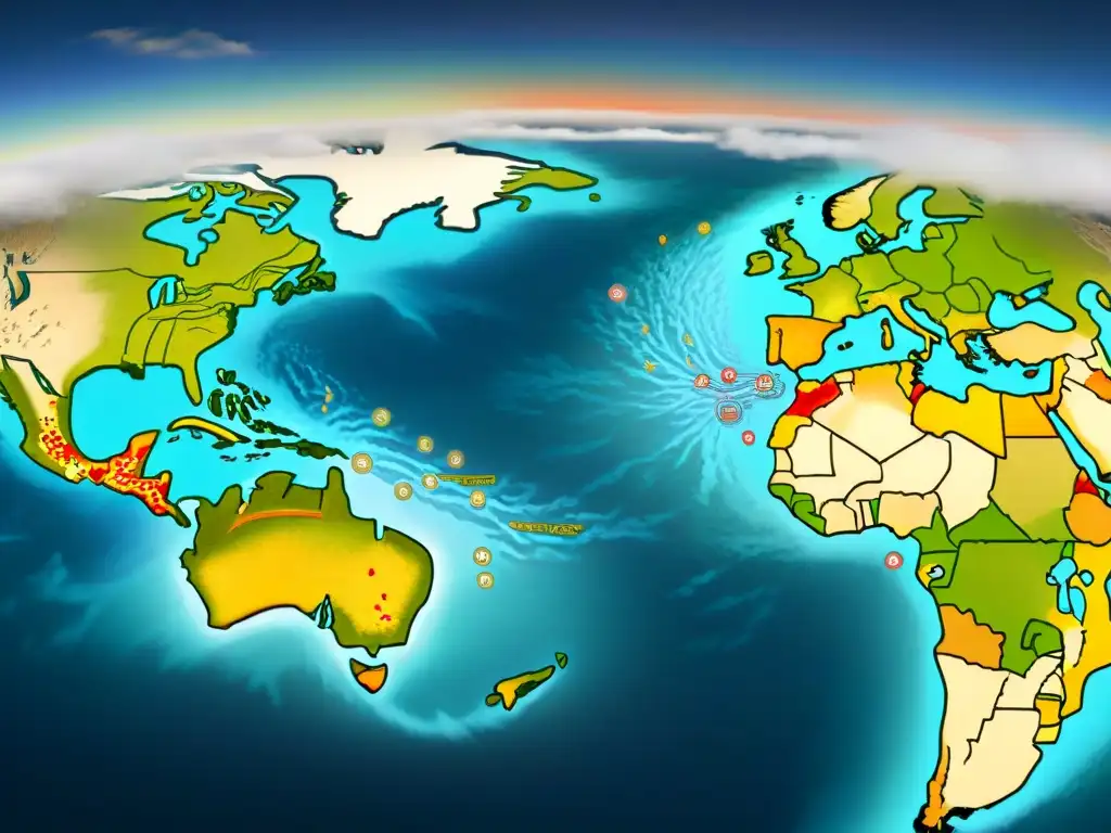 Detallado mapa de las enfermedades en la conquista de América, con ilustraciones de barcos, poblaciones indígenas y patógenos