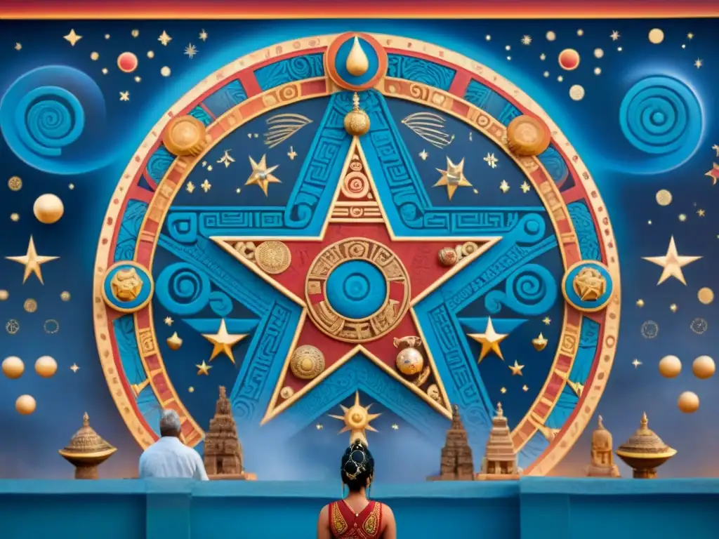 Detallado mural maya de la cosmovisión indígena: estrellas, constelaciones y colores vibrantes en templo antiguo