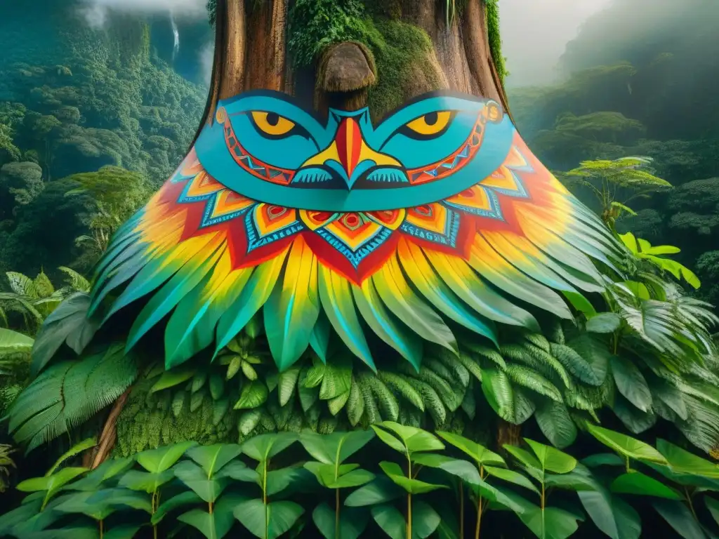 Detallado mural de mitos y leyendas cultura indígena amazónica en tronco de árbol, con criaturas míticas y fauna amazónica en un ambiente mágico