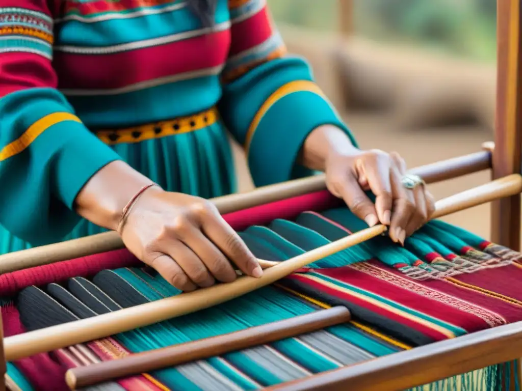 Detallado proceso de tejido de arte textil indígena contemporáneo en telar rústico, manos expertas crean vibrantes patrones