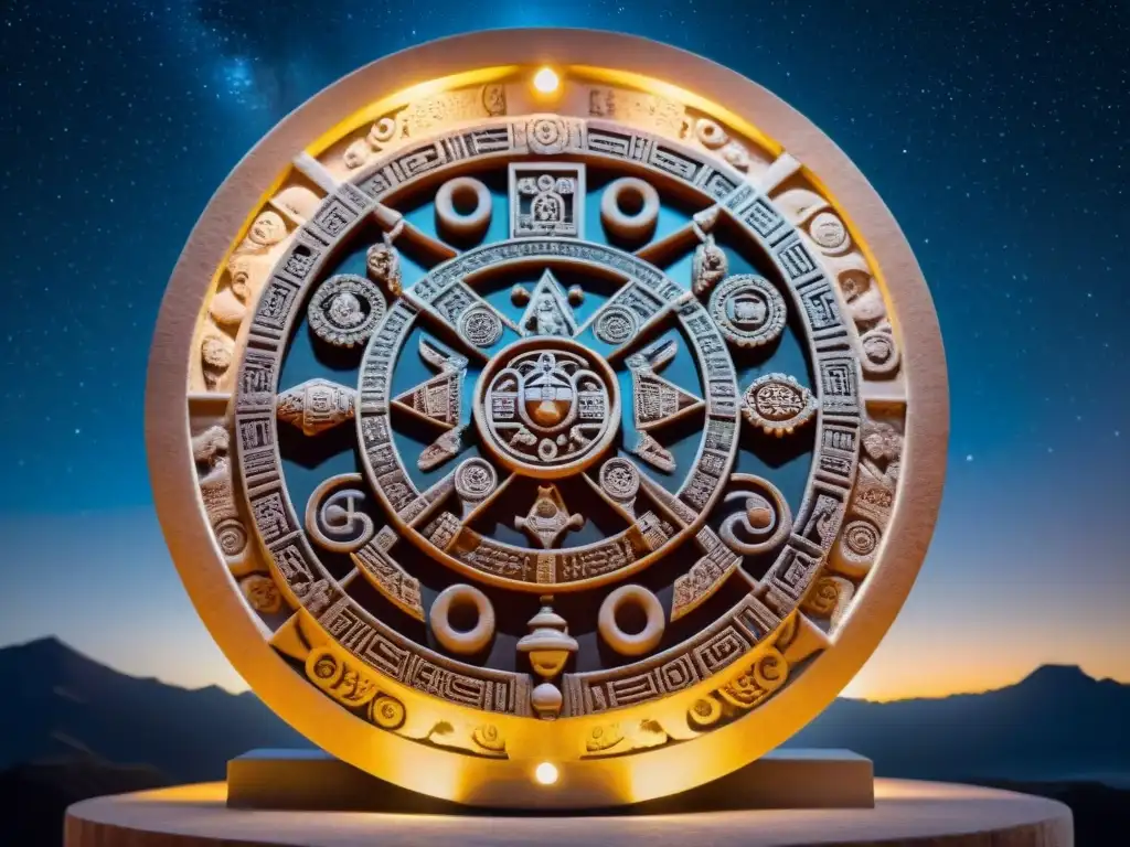 Detallado tallado en piedra de un calendario maya, símbolos celestes y naturales, bajo un cielo estrellado