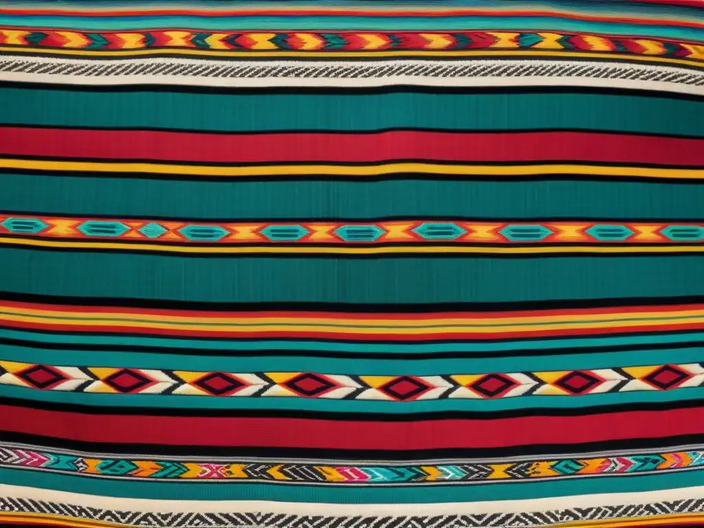 Detallado textil indígena andino, lleno de simbolismo y colores vibrantes