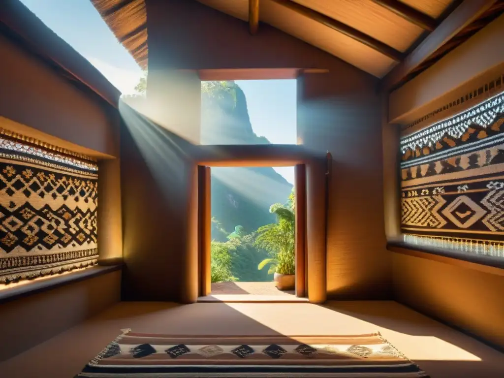 Detalle de arquitectura indígena inspirada en la naturaleza, tejidos y luz crean armonía