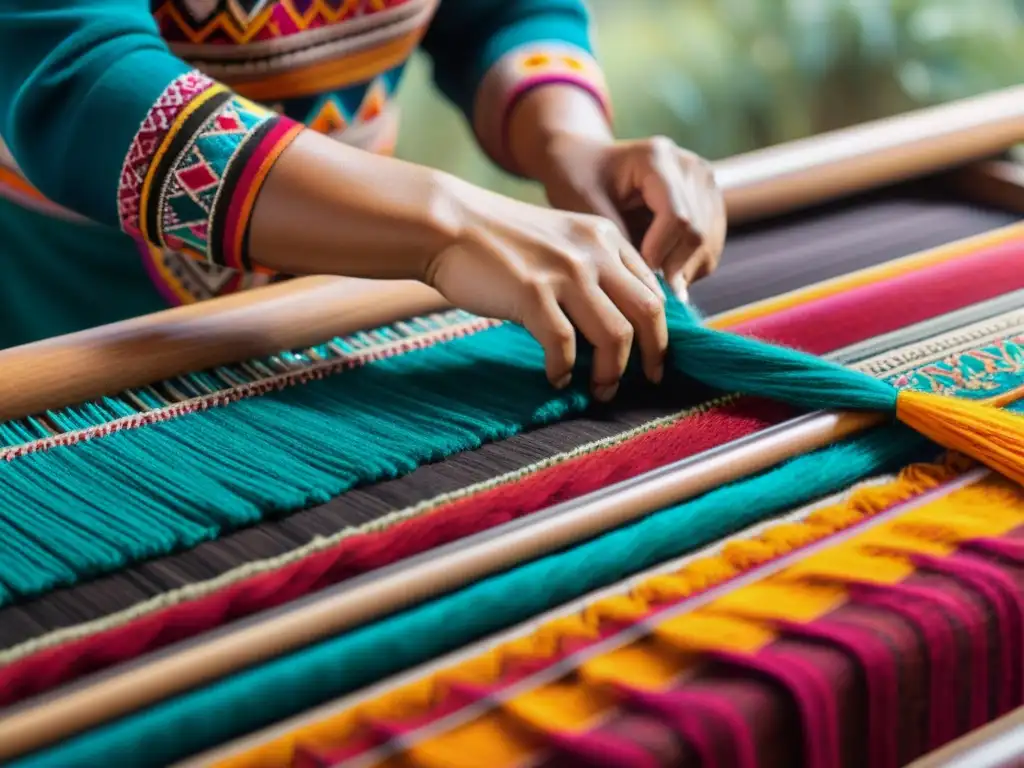 Detalle de arte textil indígena contemporáneo: manos expertas tejiendo en telar tradicional, resaltando colores y símbolos culturales