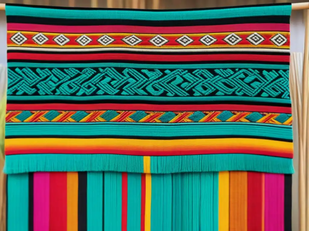 Detalle de arte textil precolombino: Patrones geométricos y colores vibrantes en tejido ancestral