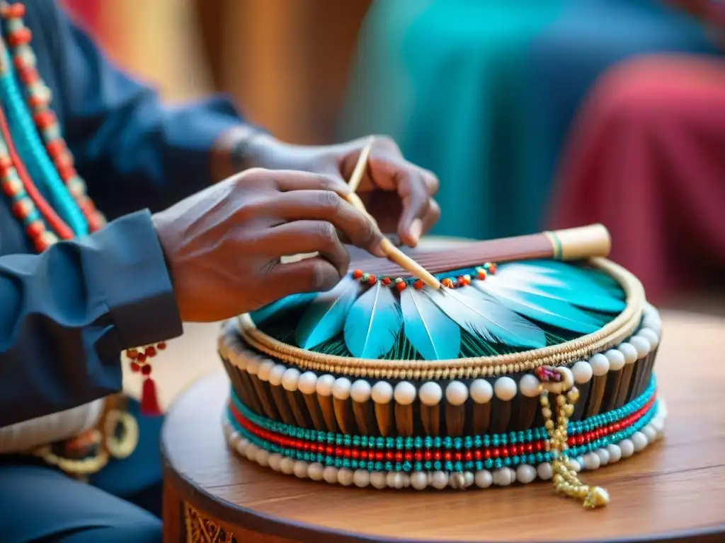 Detalle artesanal de la creación de instrumento musical indígena Américas con plumas y cuentas