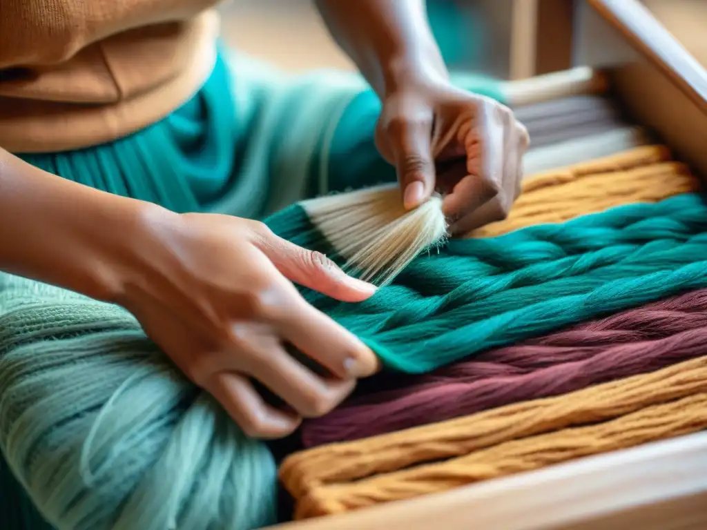 Artesanía indígena: tejidos sostenibles en acción Detalle de artesano indígena tejiendo patrón tradicional con materiales textiles sostenibles