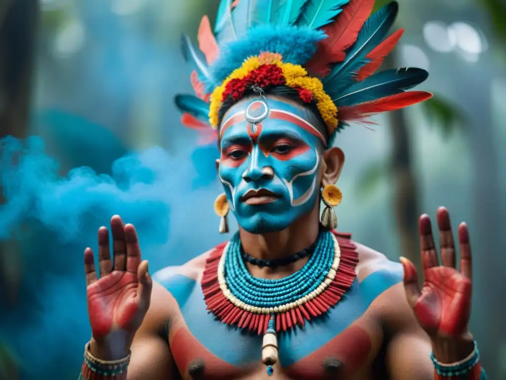 Detalle asombroso de pintura corporal maya en ceremonia tradicional, simbolizando protección y conexión espiritual