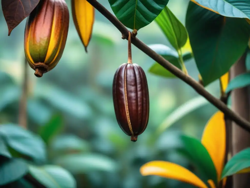 Detalle de un cacao maduro en una plantación vibrante con agricultores, transmitiendo comercio justo cacao comunidad