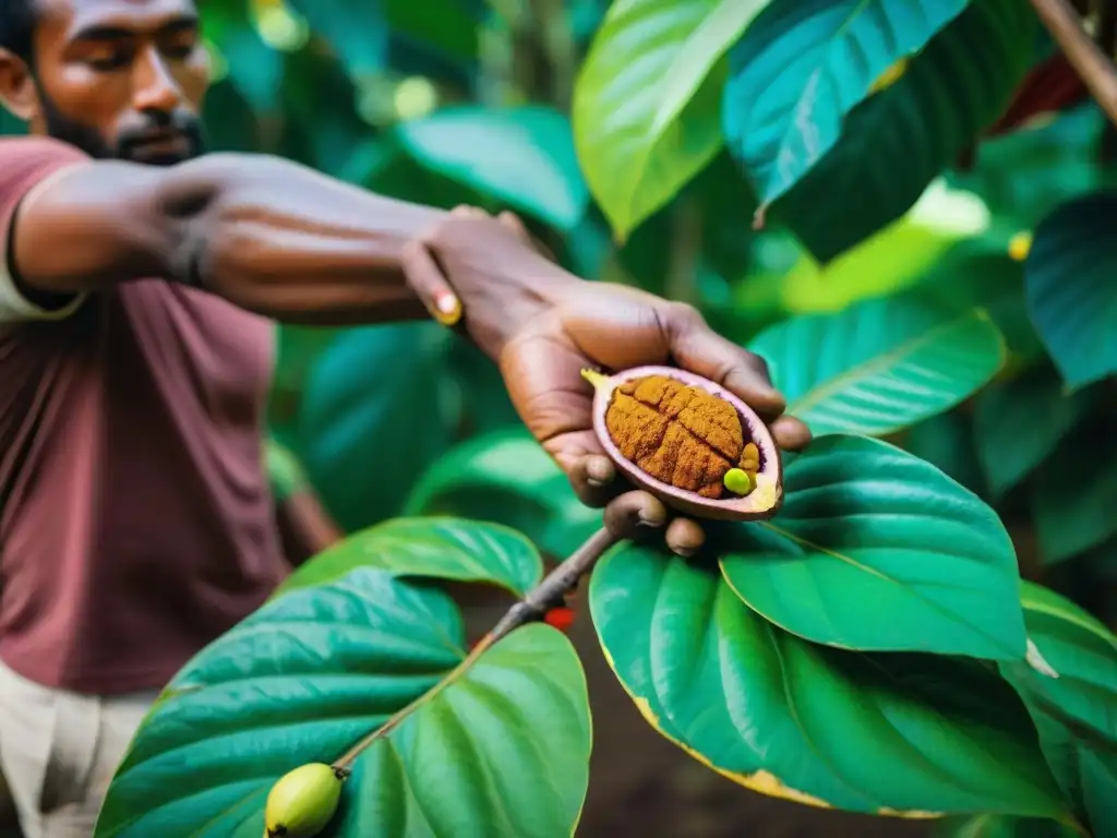 Detalle de la recolección de cacao en plantación tropical