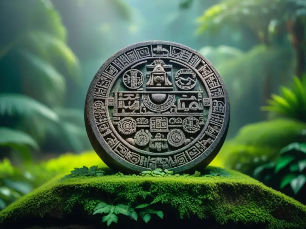 Detalle del calendario maya en la selva, con templo y símbolos, reflejando las cosmovisiones indígenas de América