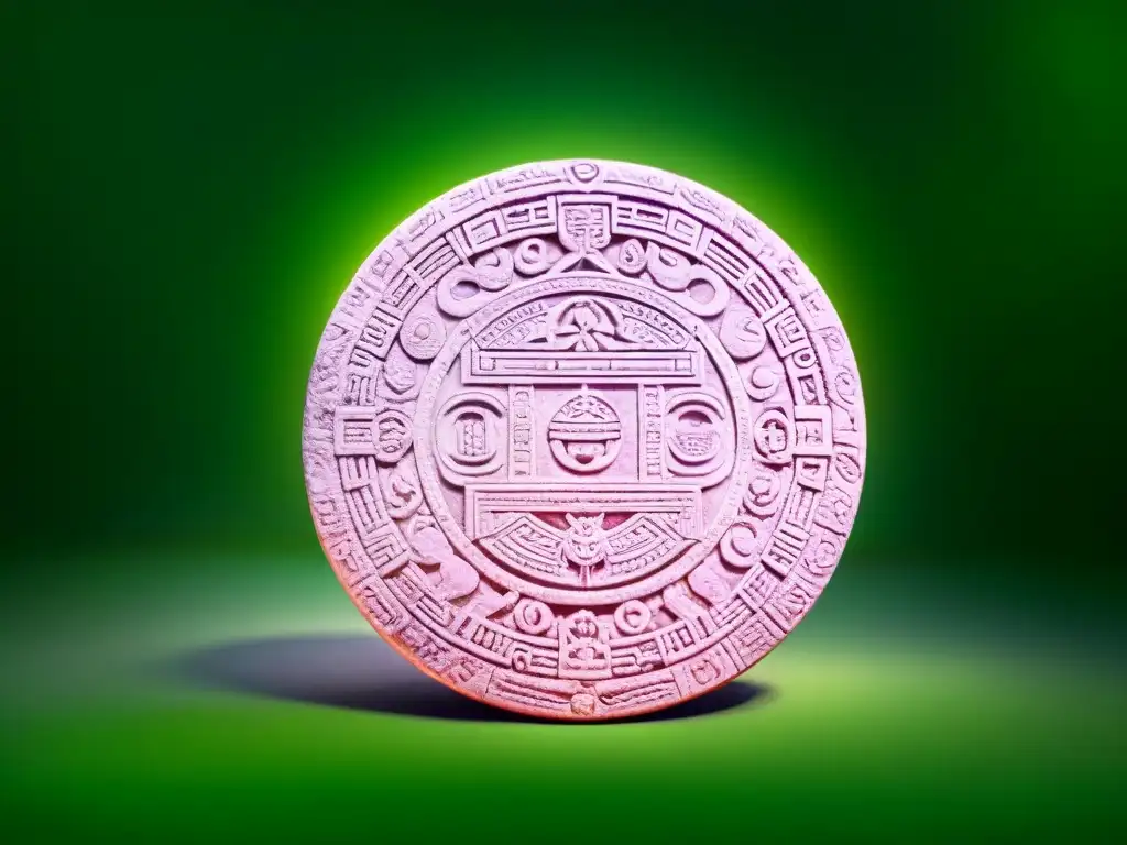 Detalle del calendario maya con tallados y glifos, iluminado por luz natural entre exuberante vegetación, resaltando su significado sagrado