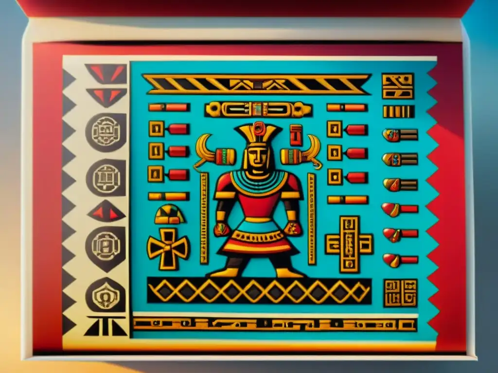 Detalle de un códice azteca con colores vibrantes y símbolos intrincados, mostrando escena cultural