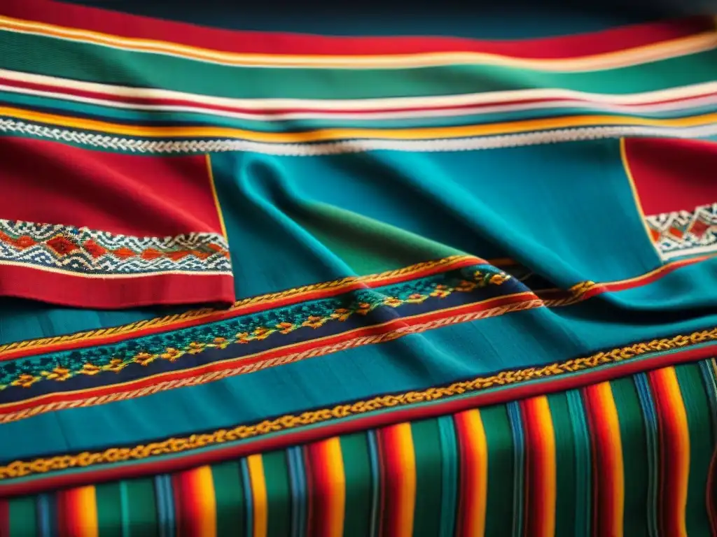 Detalle colorido de un textil tradicional andino, mostrando simbolismo en textiles indígenas América con intensos rojos, azules y verdes