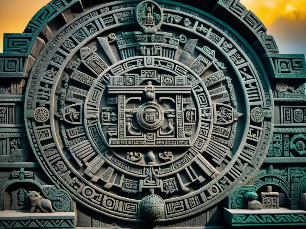 Detalle excepcional del Calendario Azteca, símbolos cósmicos trazados con maestría en la Piedra del Sol