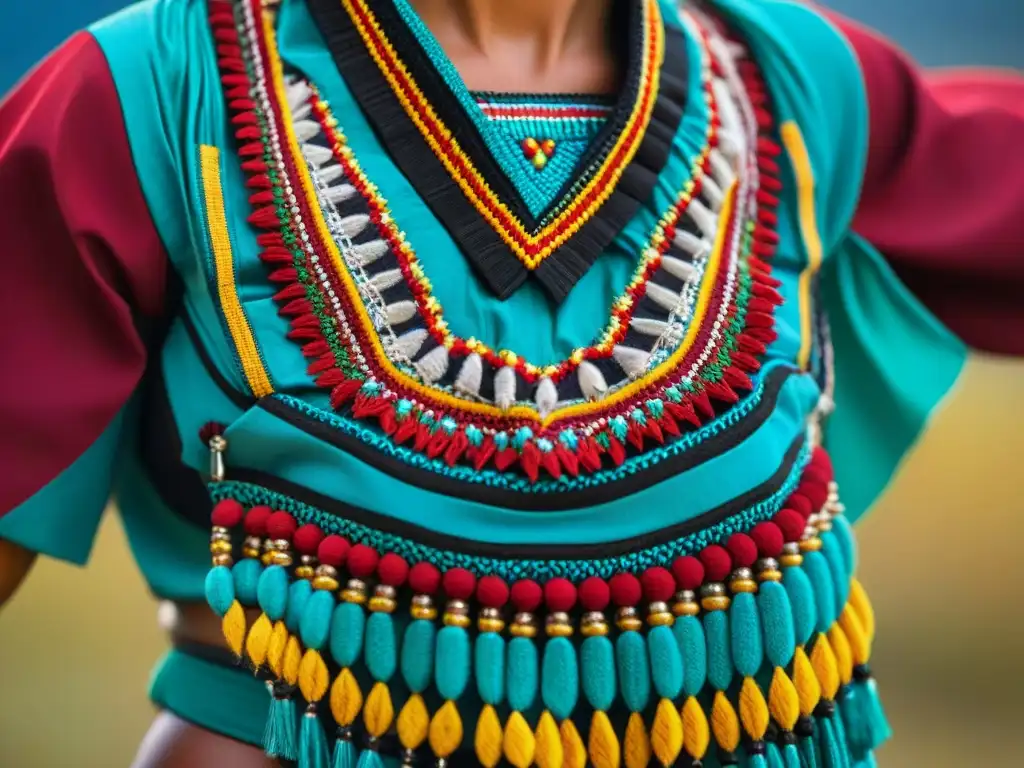 Detalle exquisito de bordado en traje indígena, resaltando la artesanía y la conservación de trajes tradicionales indígenas