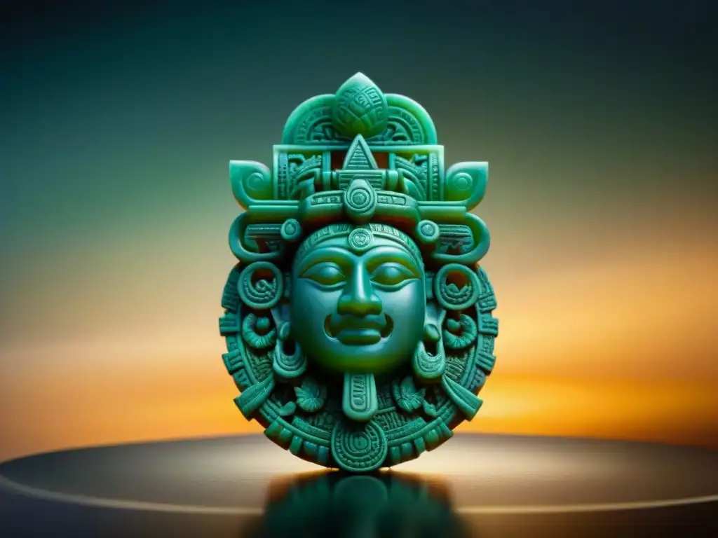 Detalle impresionante de un artefacto maya de jade, reflejando la rica historia de culturas indígenas impactadas por el colonialismo