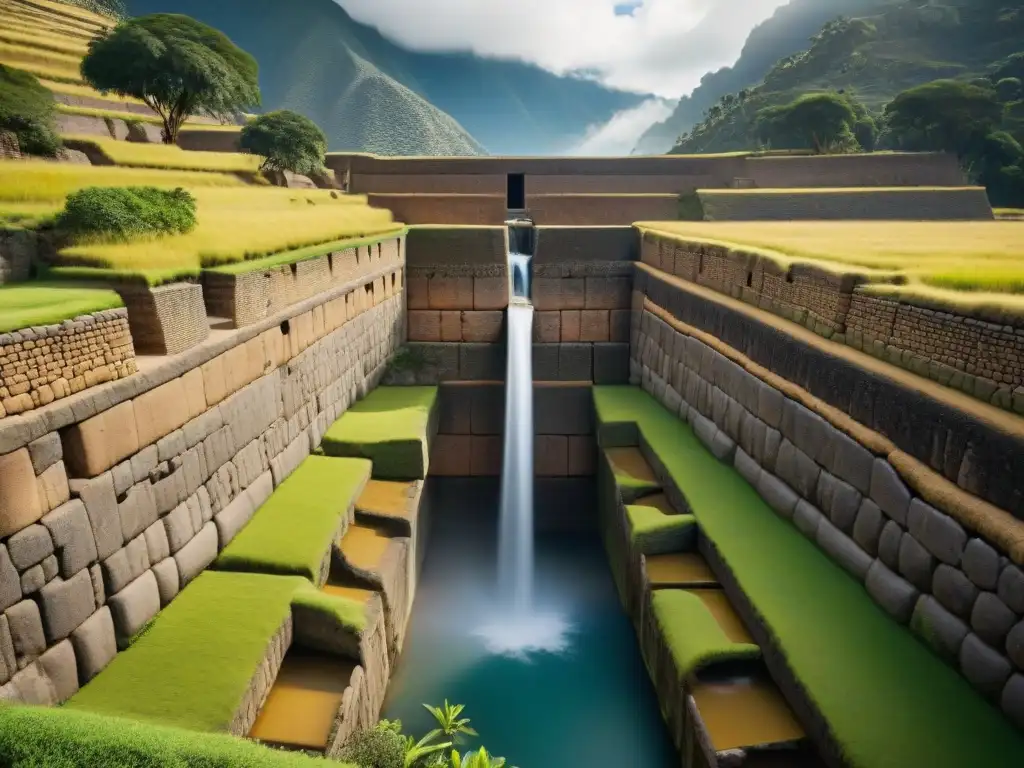 Detalle impresionante de la ingeniería hidráulica inca, destacando la conservación del agua en arquitectura