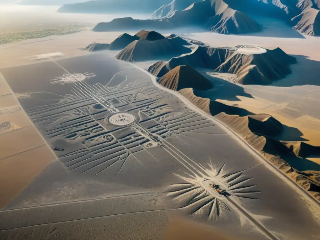 Detalle impresionante de las misteriosas líneas de Nazca en el desierto de Perú, revelando su precisión geométrica y significado cultural