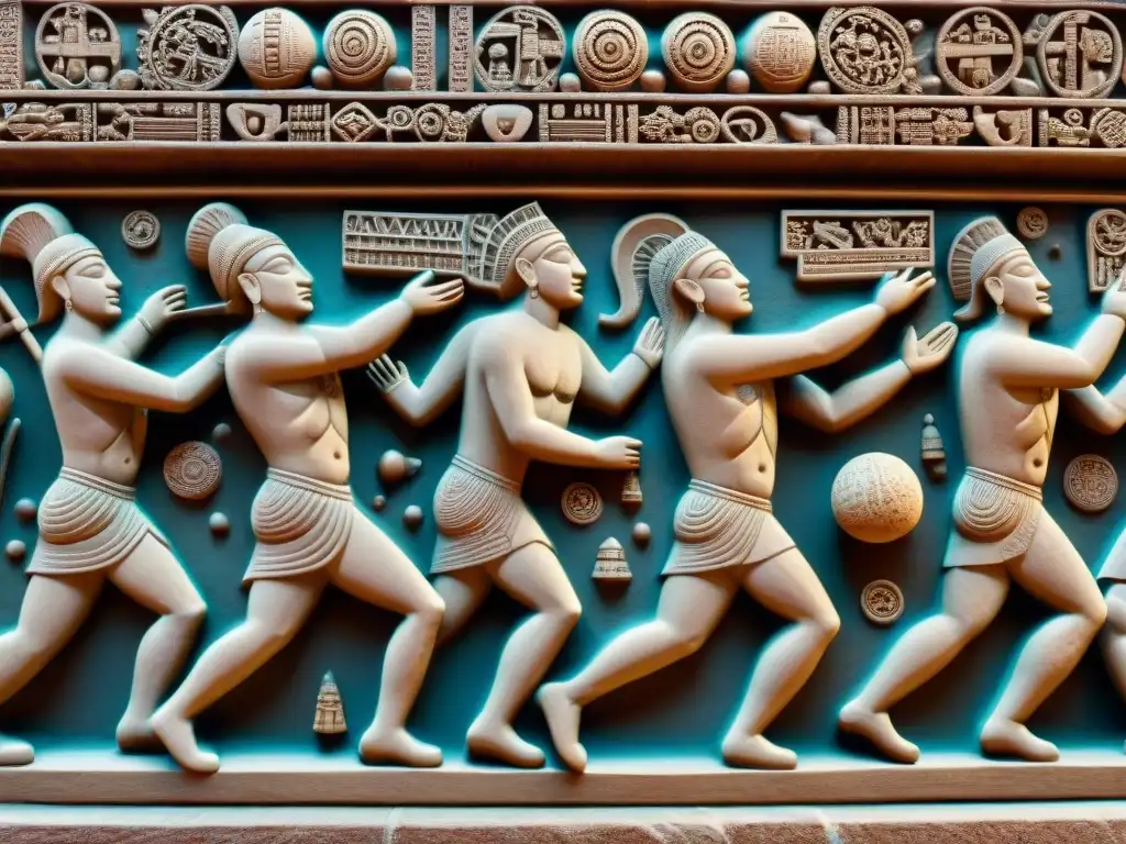 Detalle impresionante de un relieve de piedra tallado con simbolismo de juegos de pelota precolombinos