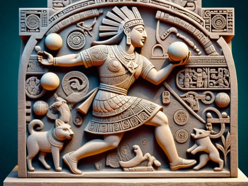 Detalle impresionante de tallado maya: jugador de pelota en pose dinámica con atuendo ceremonial y simbolismo de poder y victoria