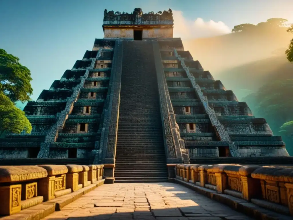 Detalle majestuoso de un templo maya bajo la luz dorada, resaltando la arquitectura indígena y sabiduría ancestral