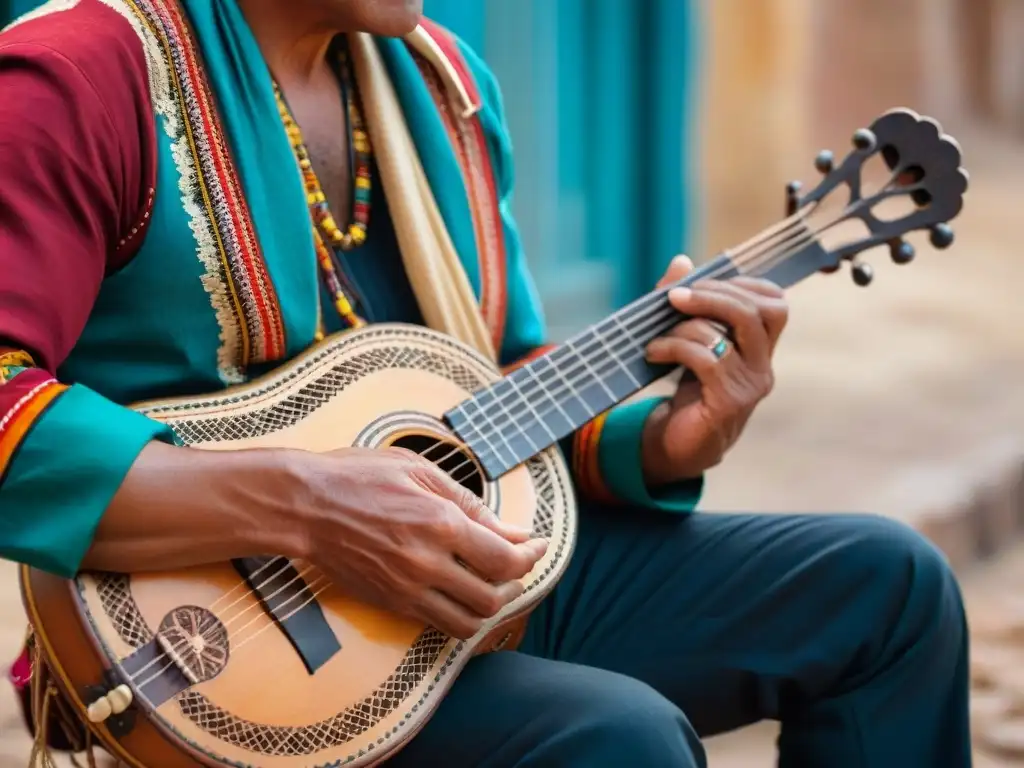 Detalle de manos expertas tocando un charango, reflejando la riqueza cultural y musical de la música tradicional de los Andes