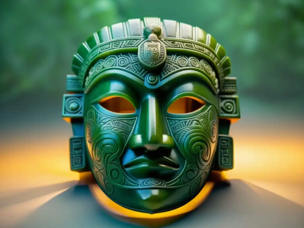 Detalle de máscara de jade maya con símbolos y significados arte indígena, resaltando sabiduría y poder en tonos verdes vibrantes