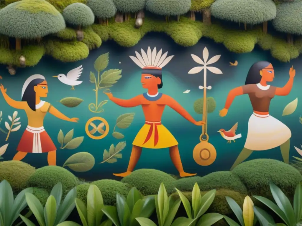 Detalle de mural de arte indígena antiguo contemporáneo, con escenas de la vida diaria y rituales espirituales en vibrantes colores y patrones