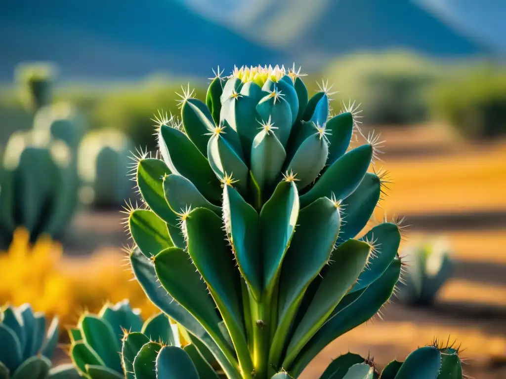 Detalle de un nopal vibrante bajo el sol, con patrones y textura reluciente