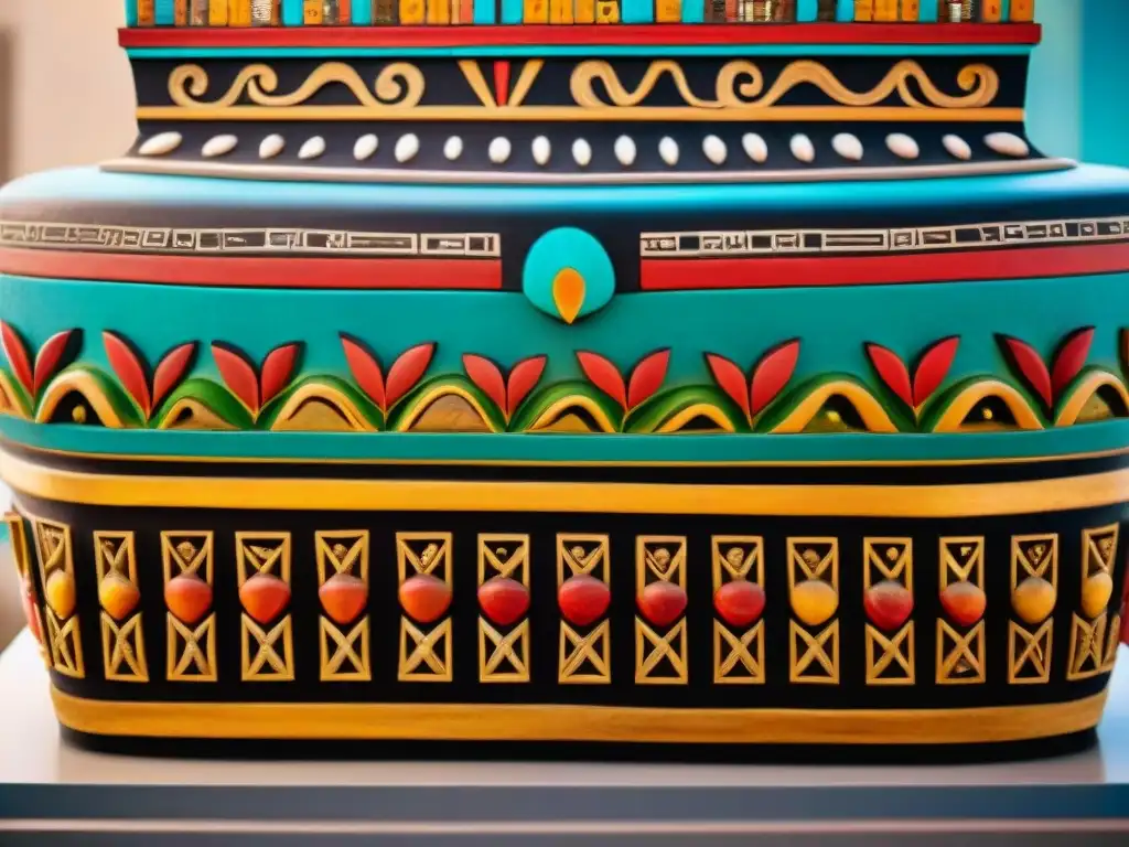 Detalle de sarcófago precolombino decorado con arte funerario: tumbas decoradas y motivos simbólicos en vibrantes colores