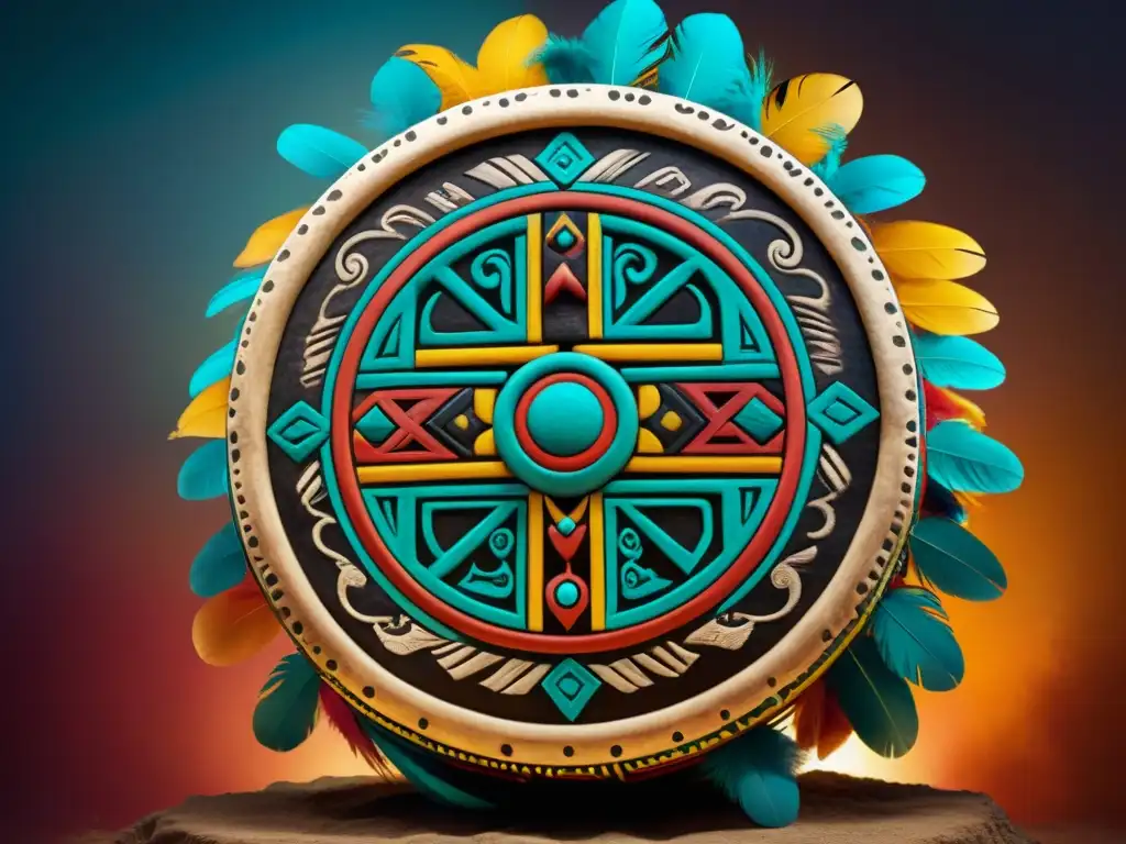 Detalle de un tambor azteca ceremonial con símbolos y plumas, capturando el significado cultural de instrumentos musicales precolombinos