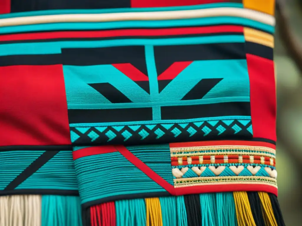 Detalle de tejido mapuche tradicional con patrones vibrantes y artesanía experta en accesorios textiles mapuches