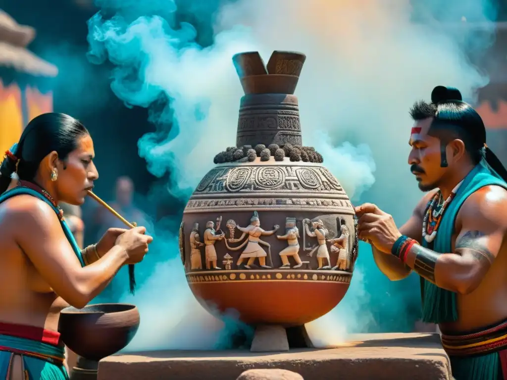 Detalle de un templo azteca con ritual del pulque