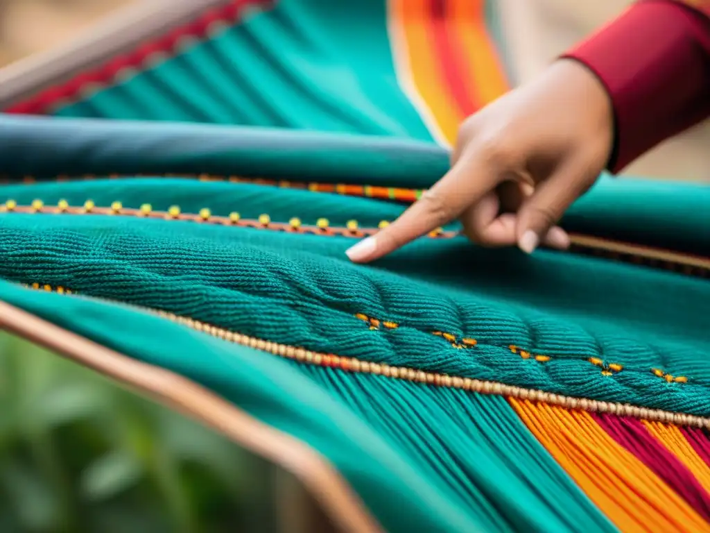 Detalle de la elaboración de un textil indígena, con colores vibrantes y símbolos culturales