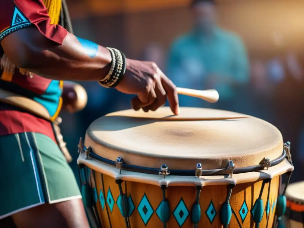 Detalle de tambor indígena tocado con destreza, resaltando patrones y texturas, en un entorno cultural con otros instrumentos musicales