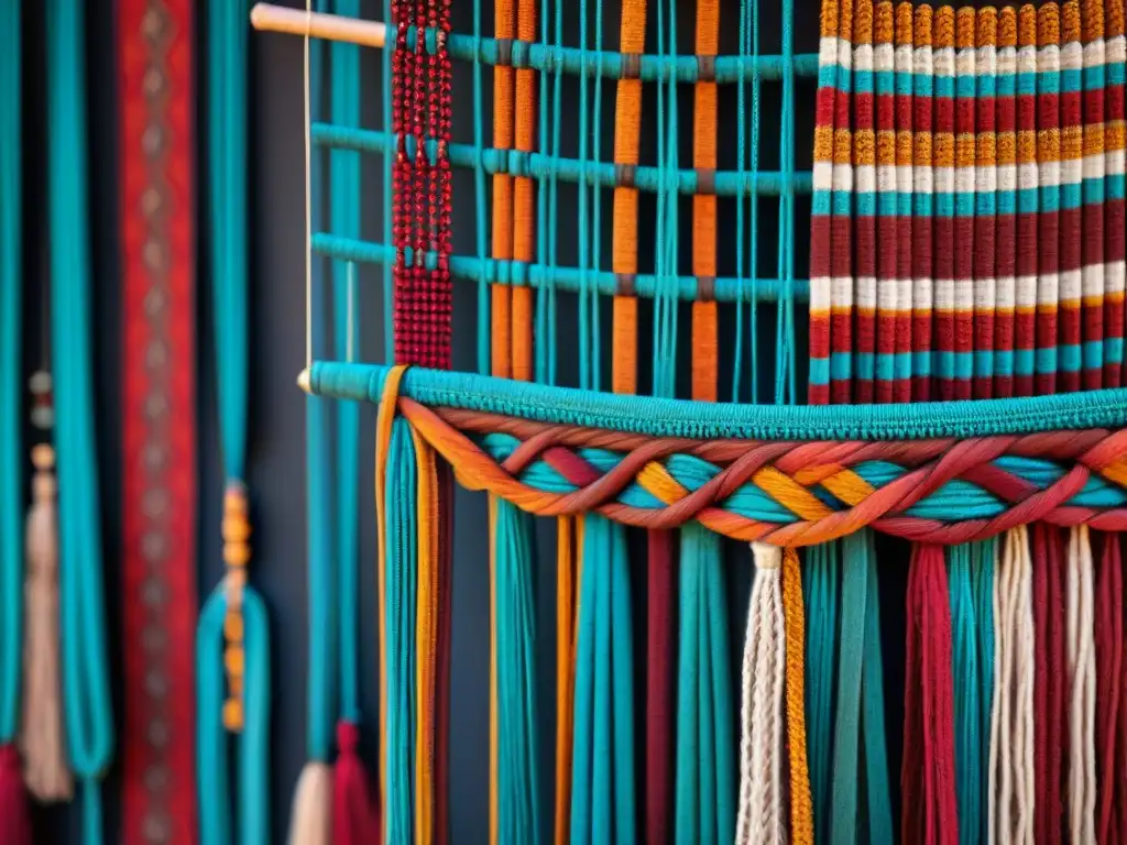 Detalle de un quipu tradicional con intrincados nudos y colores vibrantes, evolución escritura indígena América