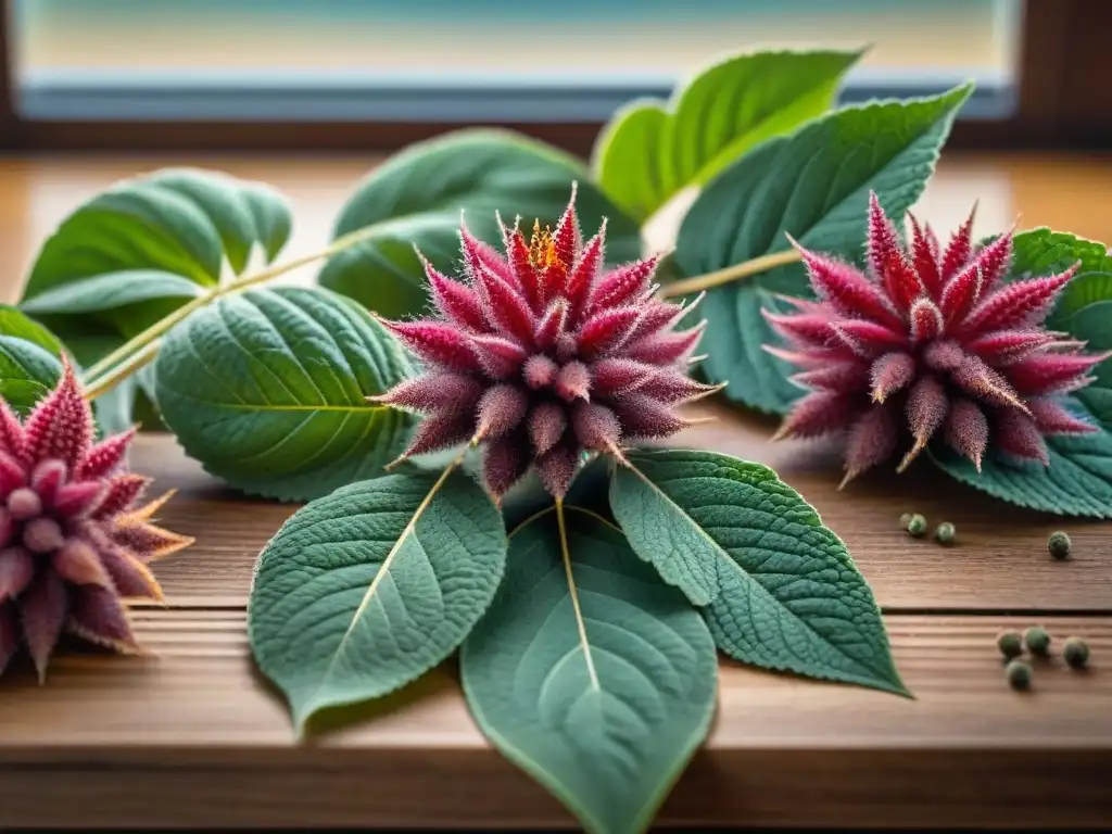 Detalle vibrante de hojas y semillas de amaranto en mesa de madera, resaltando beneficios del amaranto en nutrición