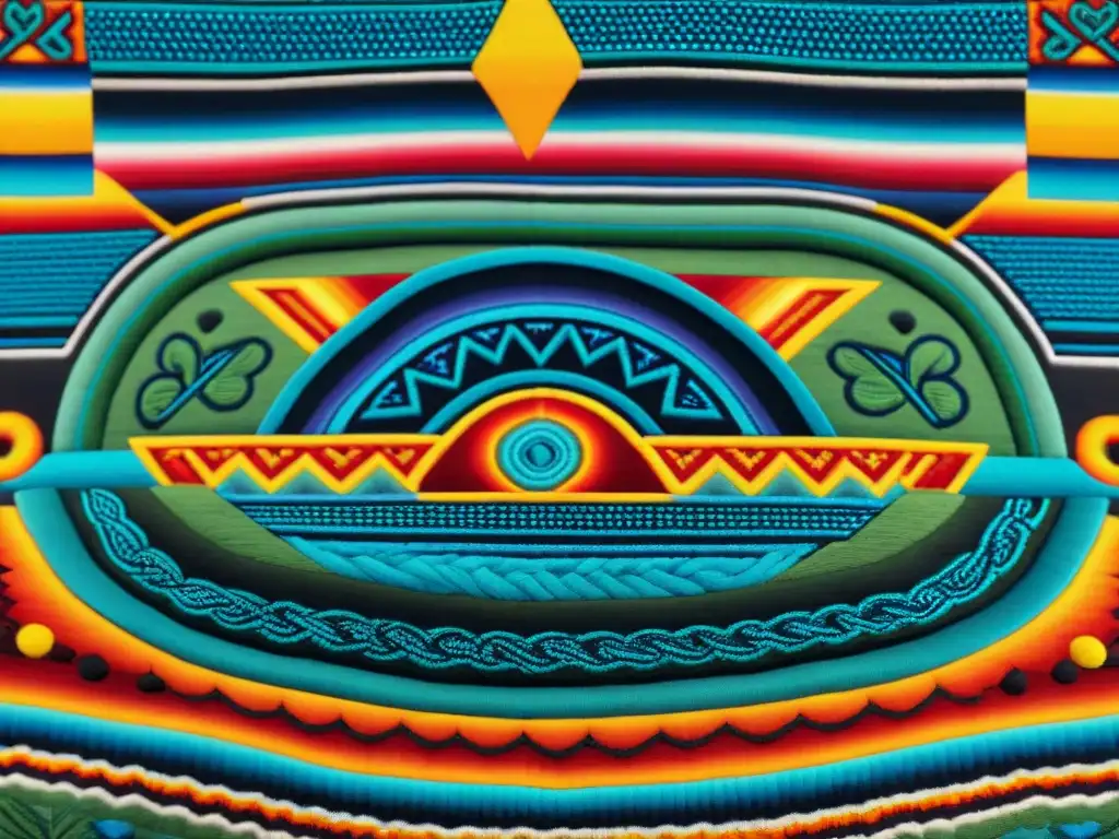 Detalle vibrante de una pintura de hilos Huichol, mostrando símbolos tradicionales con colores intensos